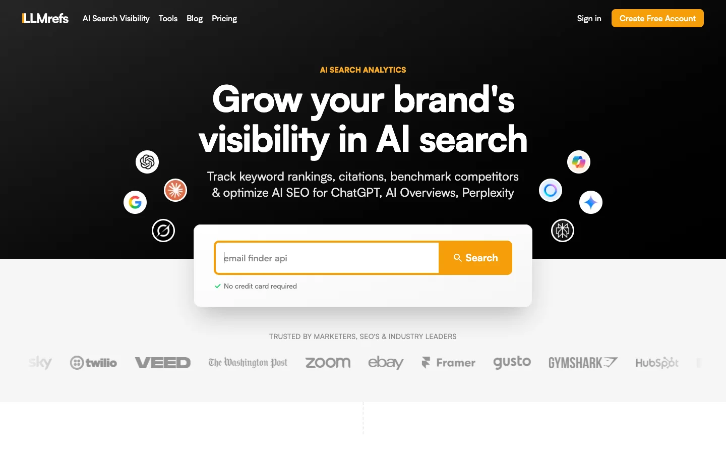 LLMrefs homepage hero introducing its AI search visibility analytics platform