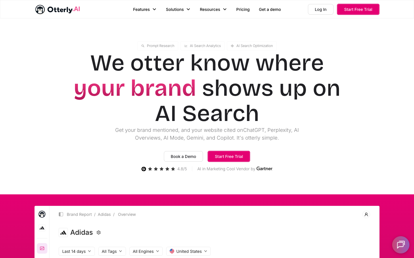 Otterly.AI homepage hero introducing AI-search brand visibility tracking above a brand report dashboard preview