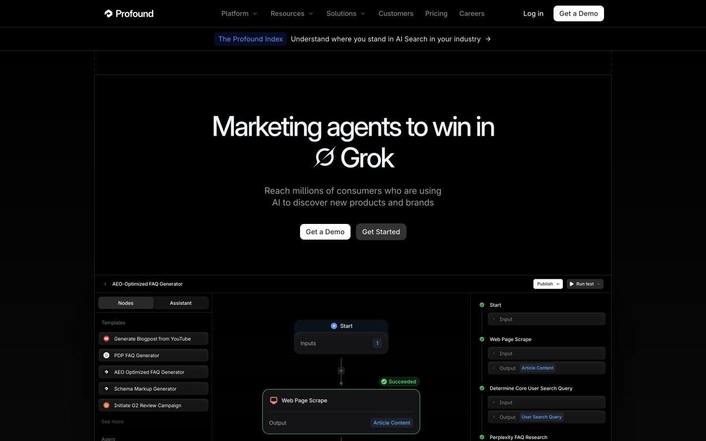 Profound homepage hero showing its AI search marketing platform